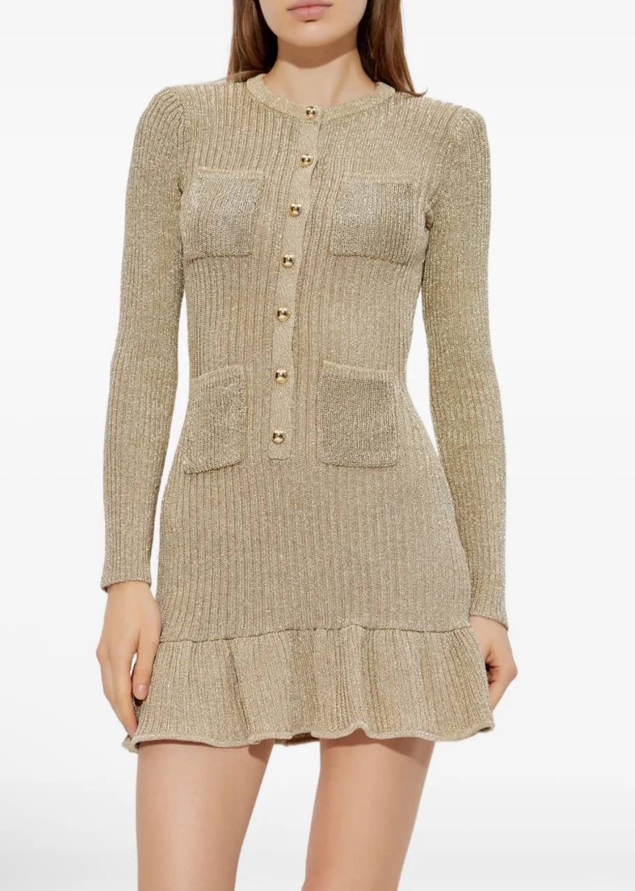 SP Gold Lurex Ribbed Knit Long Sleeved Top | Ruffle Hem Mini Dress