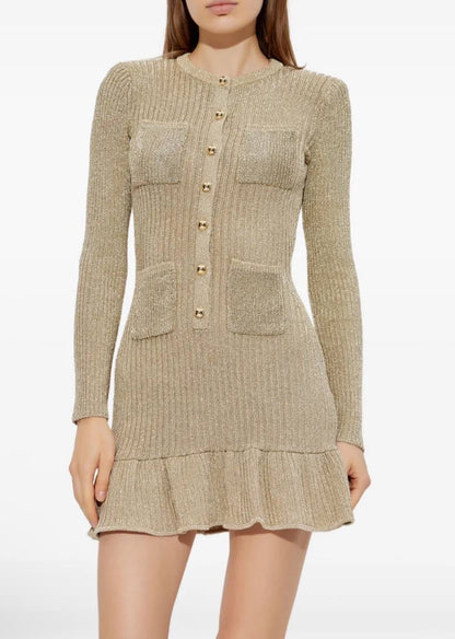 SP Gold Lurex Ribbed Knit Long Sleeved Top | Ruffle Hem Mini Dress