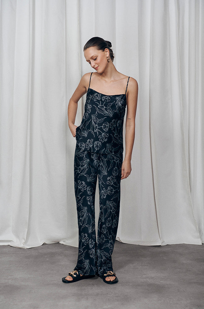 SL Bias Cut Pants in Moon | Black Tulip | Lost Flowers - Classic 16 Momme Silk