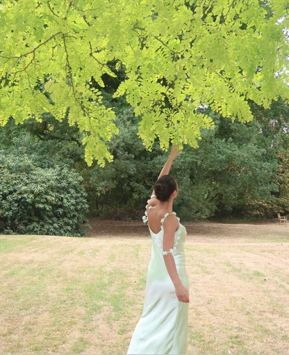 SP Mint Green Floral-Applique Cowl-neck Satin Gown Maxi Dress