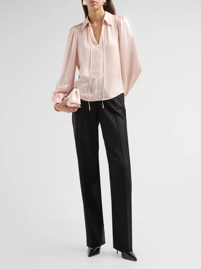 Roanne Tie-Front Viscose-blend Satin Long Sleeve Blouse Top in Blush Pink