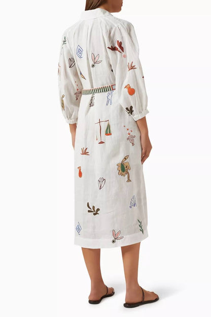 ALM Mina Embroidered Ramie Shirtdress Midi Dress