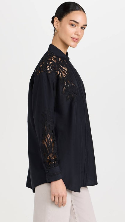 UJ Harden Oversized Cotton-Silk Lace-panel Tunic Shirt