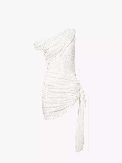 SP White Rhinestone One-Shoulder Stretch-Woven Mini Dress