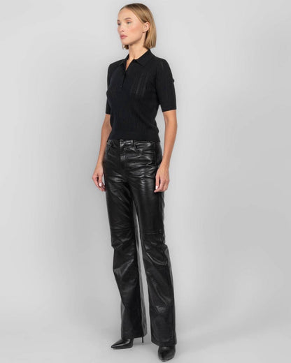 MM Pointelle Shrunken V-Neck Merino Wool Polo Shirt Top