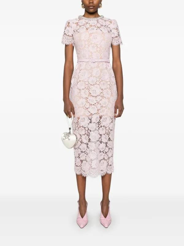 SP Pink Fine Lace Pearl Embellished Midi Dress