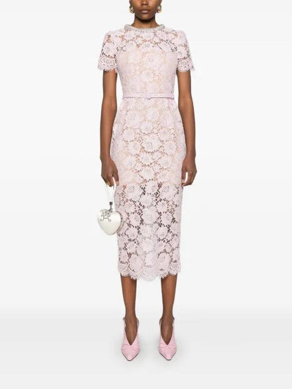 SP Pink Fine Lace Pearl Embellished Midi Dress