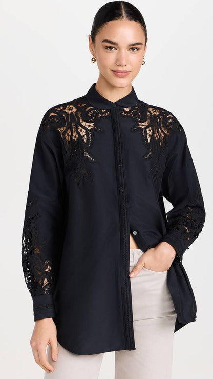 UJ Harden Oversized Cotton-Silk Lace-panel Tunic Shirt
