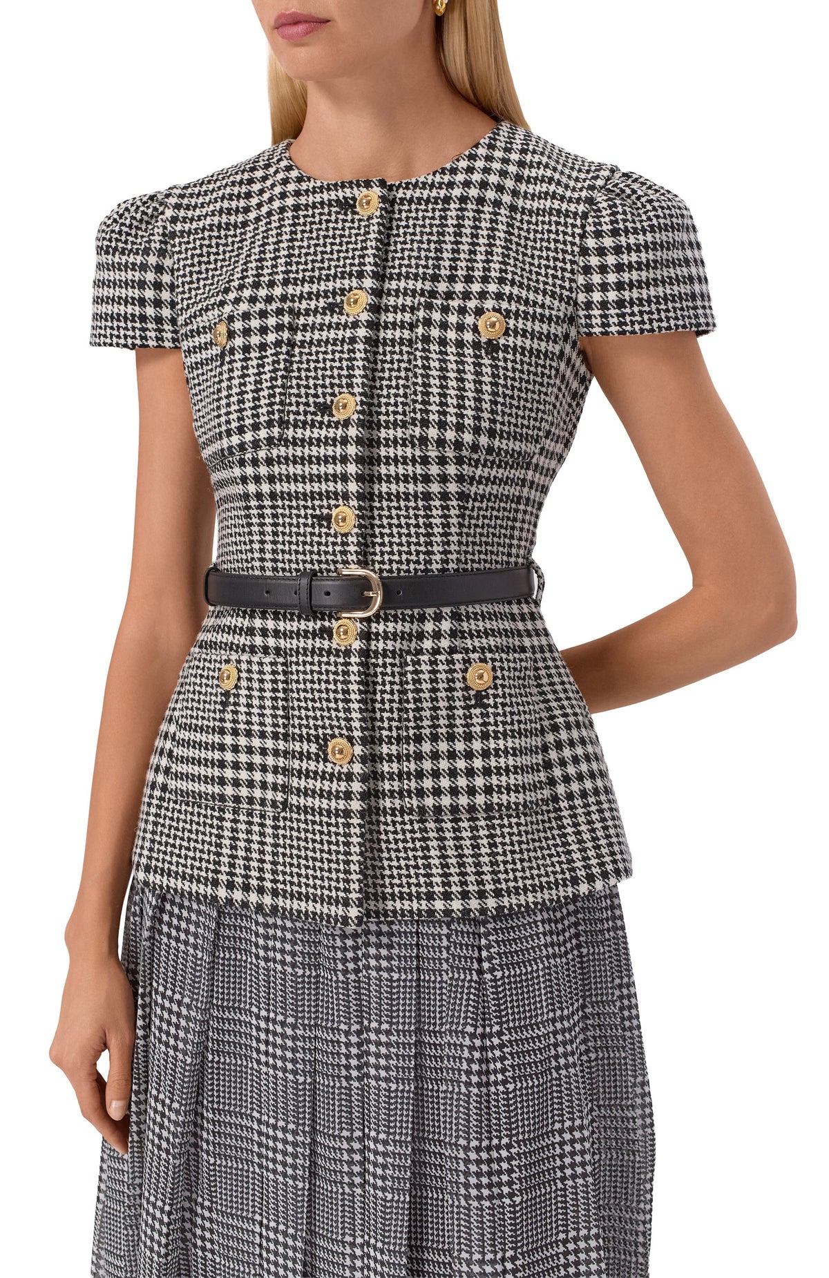 Grey Houndstooth Pleated Short Sleeve Tailored Midi Dress