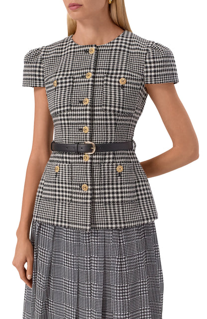 Grey Houndstooth Pleated Short Sleeve Tailored Midi Dress