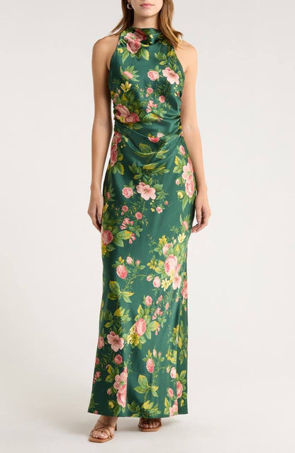 Ref Anaiis Silk High Neck Maxi Dress in Belvedere Green
