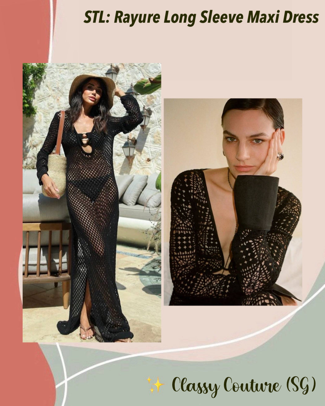 STL Rayure Long Sleeve Maxi Dress in Black Cotton Crochet