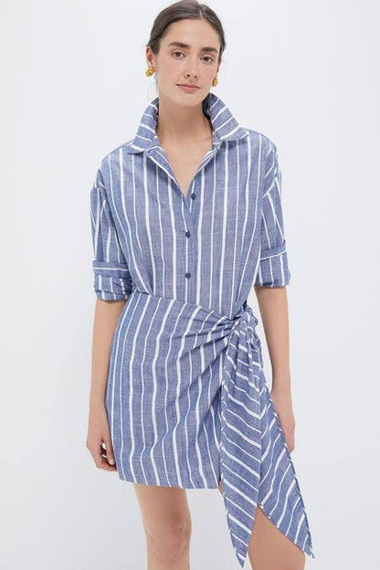 AA Alessandra Striped Chambray Sarong Cotton Mini Dress Shirtdress
