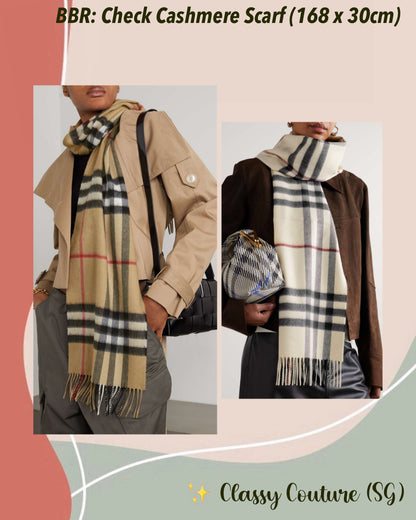 BBR Fringed Check Cashmere Scarf (168 x 30cm / 66.1 x 11.8in)