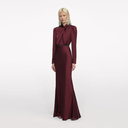 SP Champagne & Burgundy Satin Long Sleeve Maxi Dress