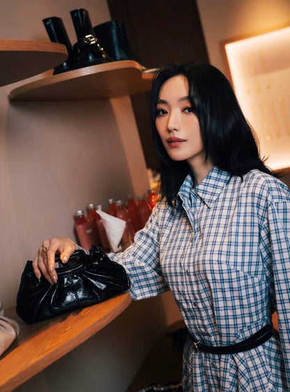 MJ Romimi Gingham Rhinestone Cotton Shirtdress Mini Dress
