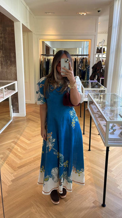 ALM Luda Floral Puff Sleeve Linen Midi Dress