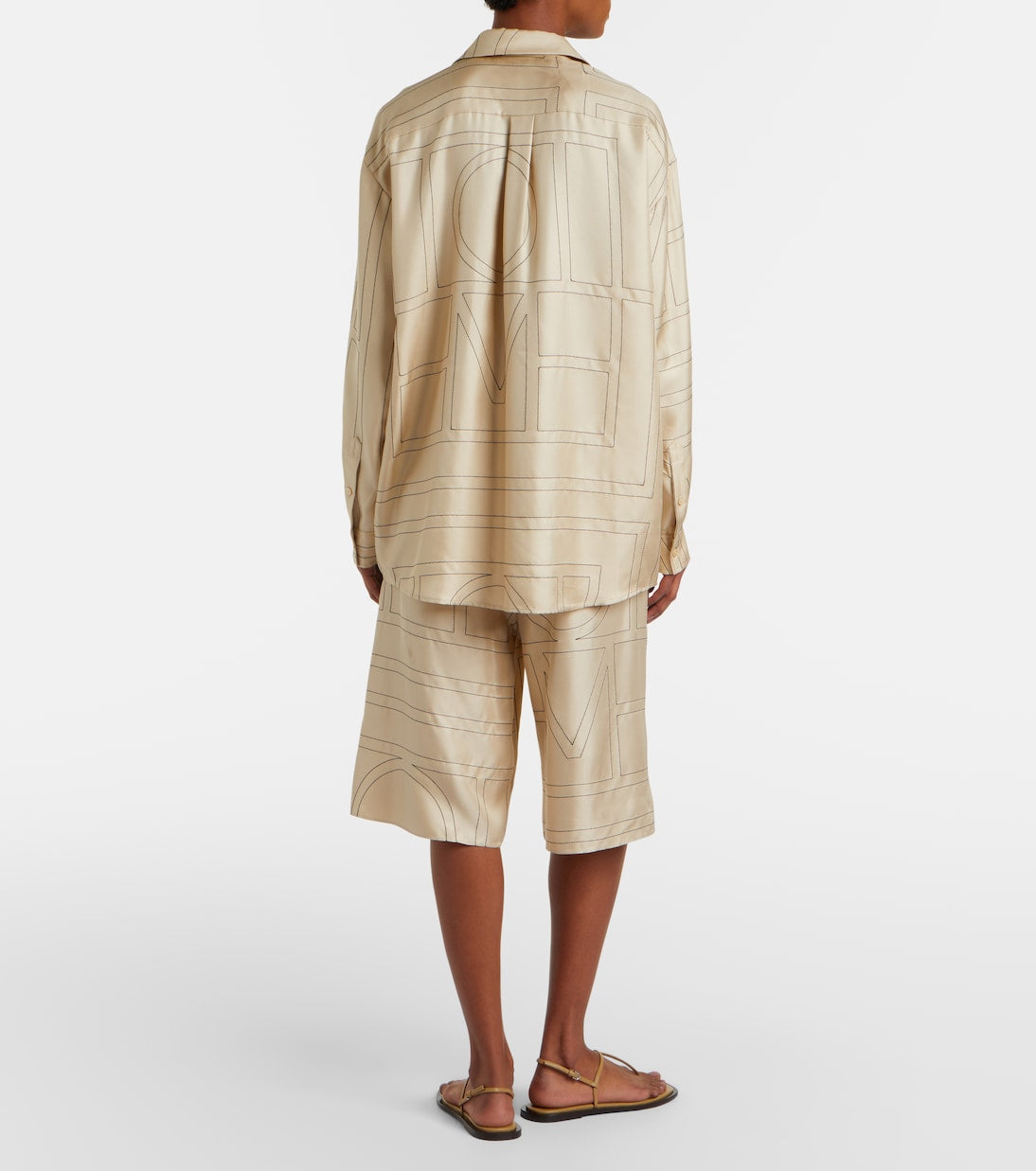 Tot Classic Monogram Embroidered Silk Satin Shirt | Bermuda Culottes Long Shorts | PJ Set