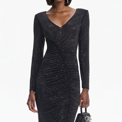 SP Black Rhinestone Gathered Midi Dress