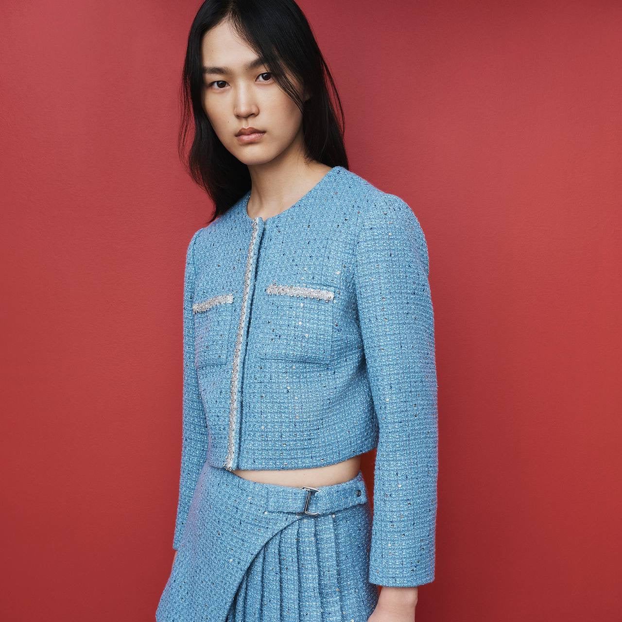 MJ Vilya Blue Cropped Embellished Tweed Jacket Blazer