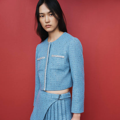 MJ Vilya Blue Cropped Embellished Tweed Jacket Blazer