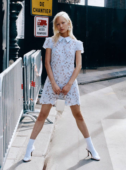 SP Blue Guipure Lace Collared Mini Dress