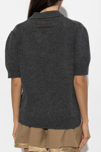 MM Grey Flower-Embroidered Short-Sleeve Wool-cashmere Jumper Top