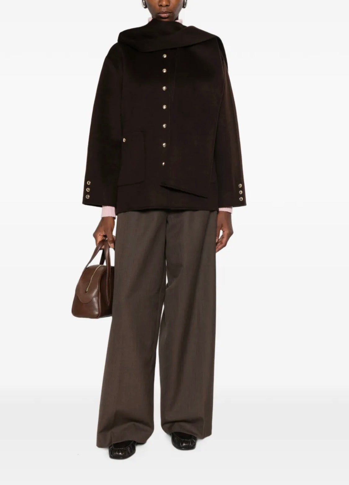 Brown & Camel Short Double-faced Wool-blend Coat Jacket (removable scarf-hood)