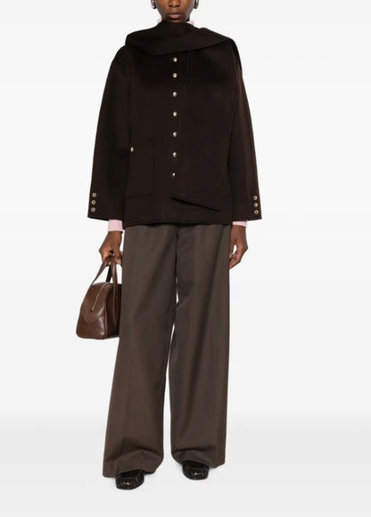 Brown & Camel Short Double-faced Wool-blend Coat Jacket (removable scarf-hood)