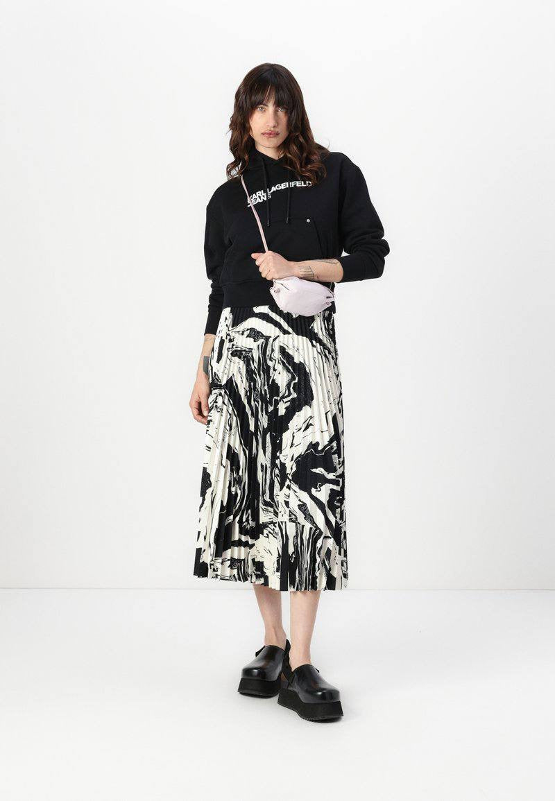MMK Myy Marras Pleated Midi Skirt in Black/white Marble Ink