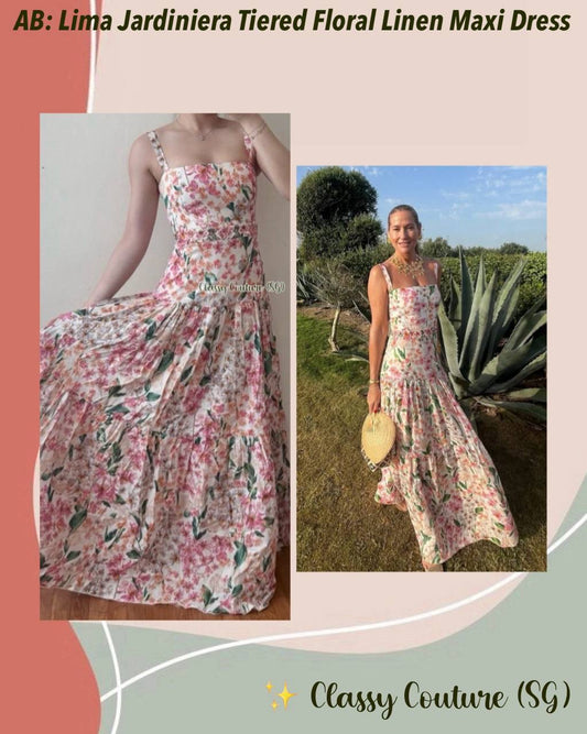 AB Lima Jardiniera Tiered Floral Linen Maxi Dress