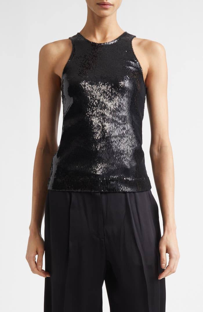 TOT Sequin Curved Sequin Tank | Long Sleeve Shirt | Low-waist Column Midi Skirt | Set