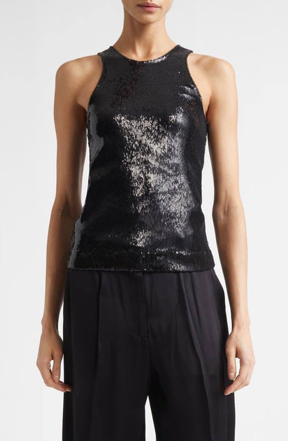 TOT Sequin Curved Sequin Tank | Long Sleeve Shirt | Low-waist Column Midi Skirt | Set