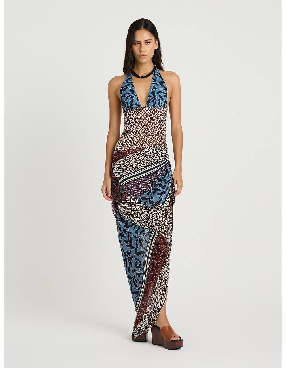 BN Marnie Halter Plunge Maxi Dress in Terra Mosaic Print