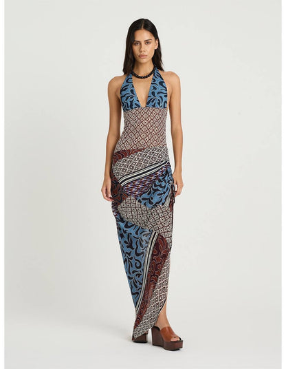 BN Marnie Halter Plunge Maxi Dress in Terra Mosaic Print