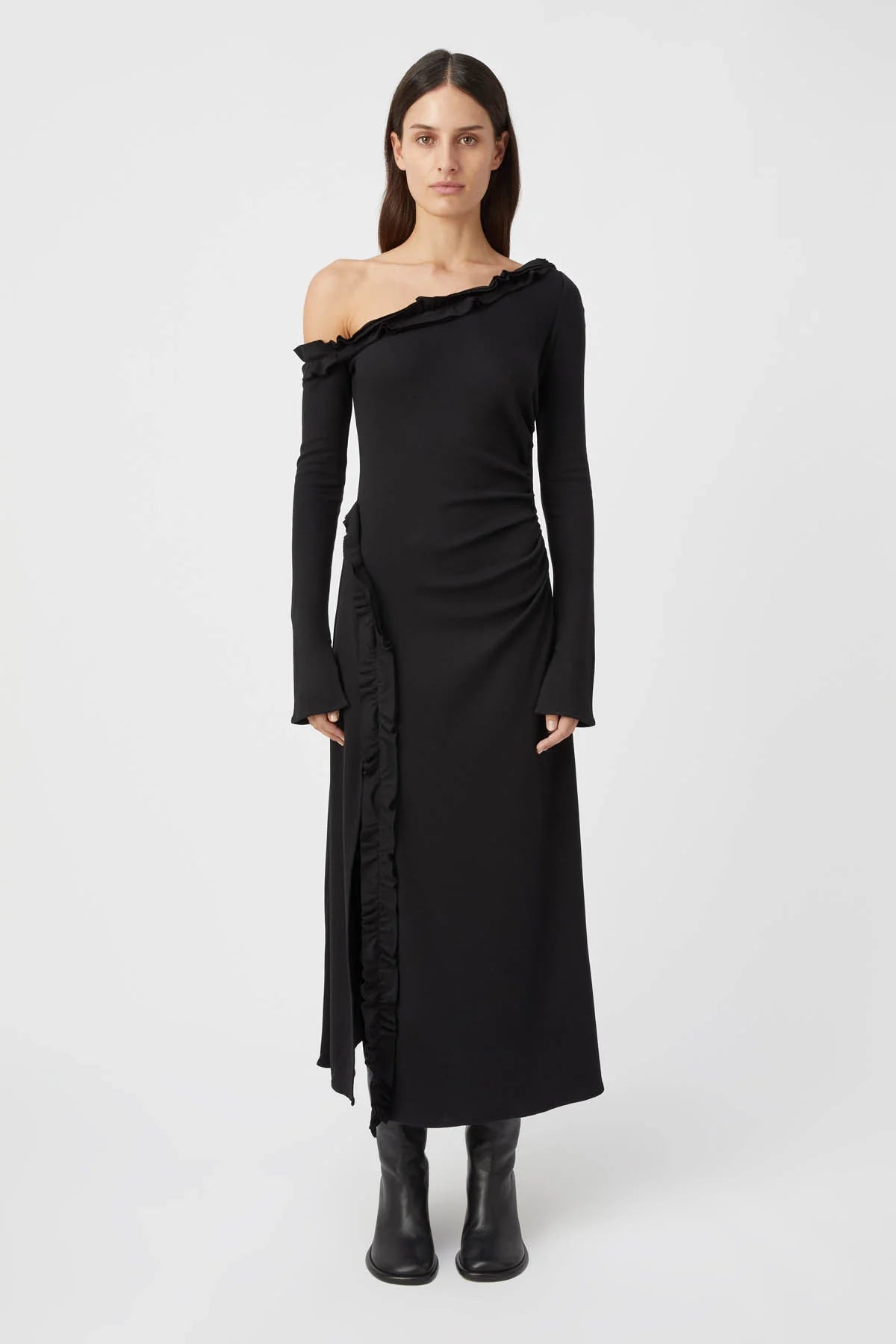 CM Litha One Shoulder Cotton Midi Dress with ruffles