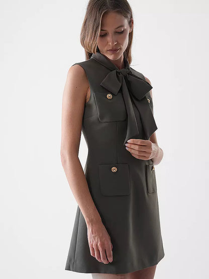 SP Khaki Twill Pussybow Shift Mini Dress