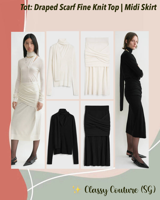 Tot Draped Scarf Fine Knit Top | Midi Skirt | Wool-Silk Set