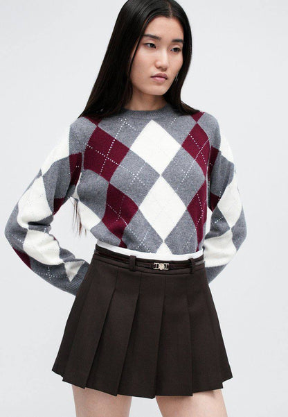 MJ Argyle Cropped Rhinestone Embellished Wool Jumper