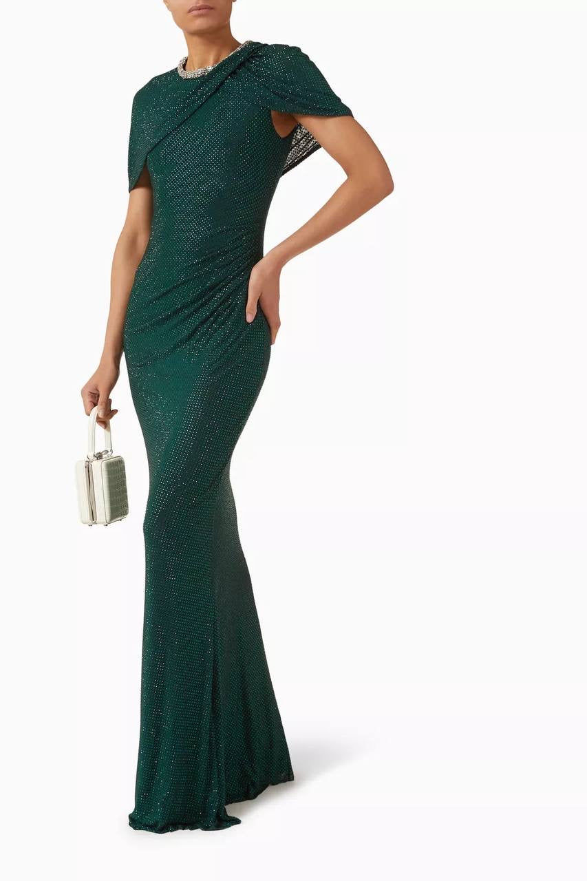 SP Green & Champagne Rhinestone-embellished Draped Sleeve Maxi Dress