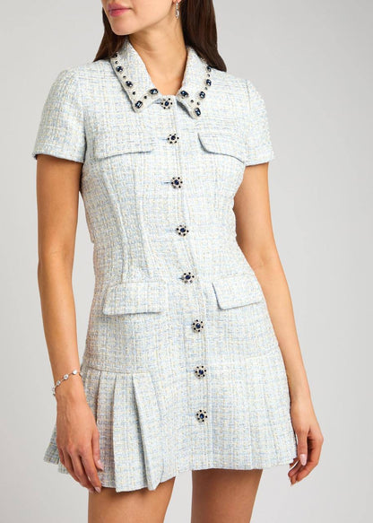 SP Diamante-trim Blue Boucle Pleated Skirt Mini Dress