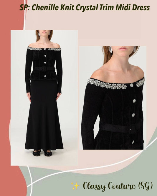 SP Black Chenille Knit Crystal-Trim Off Shoulder Peplum Midi Maxi Dress