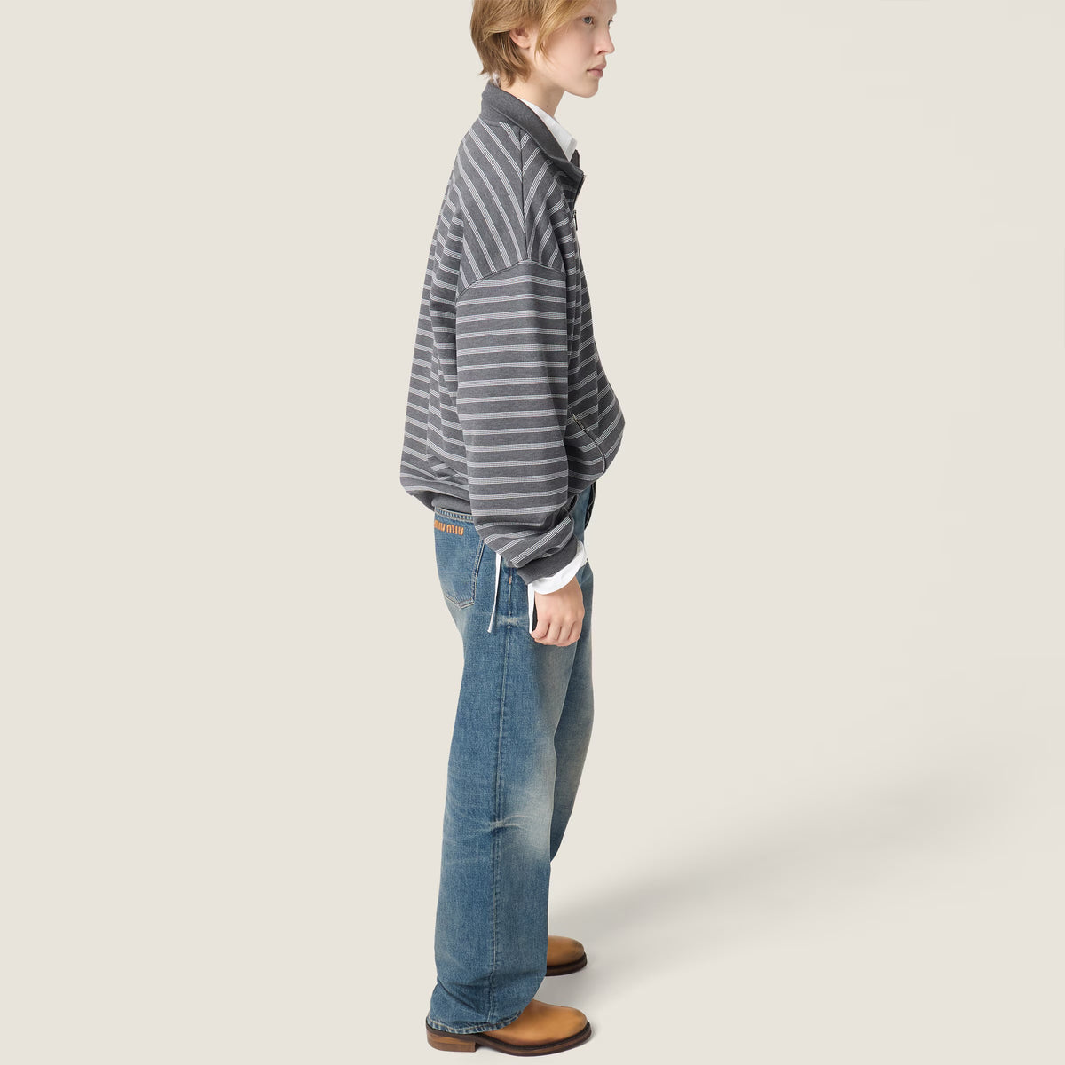 MM Grey White Striped Cotton Fleece Jacket