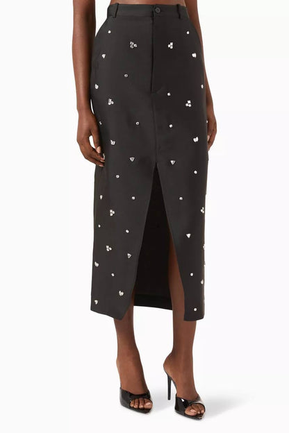 SD Interstellar Rhinestone Pencil Midi Skirt in Black