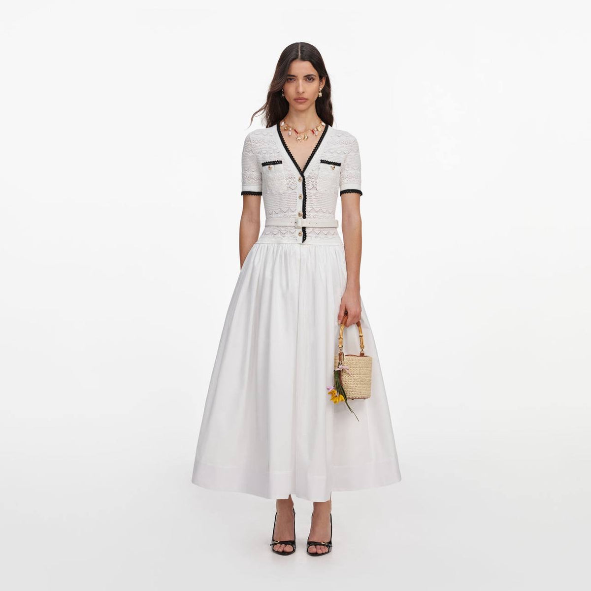 White Cotton-blend Pointelle Knit Drop-waist Midi Dress