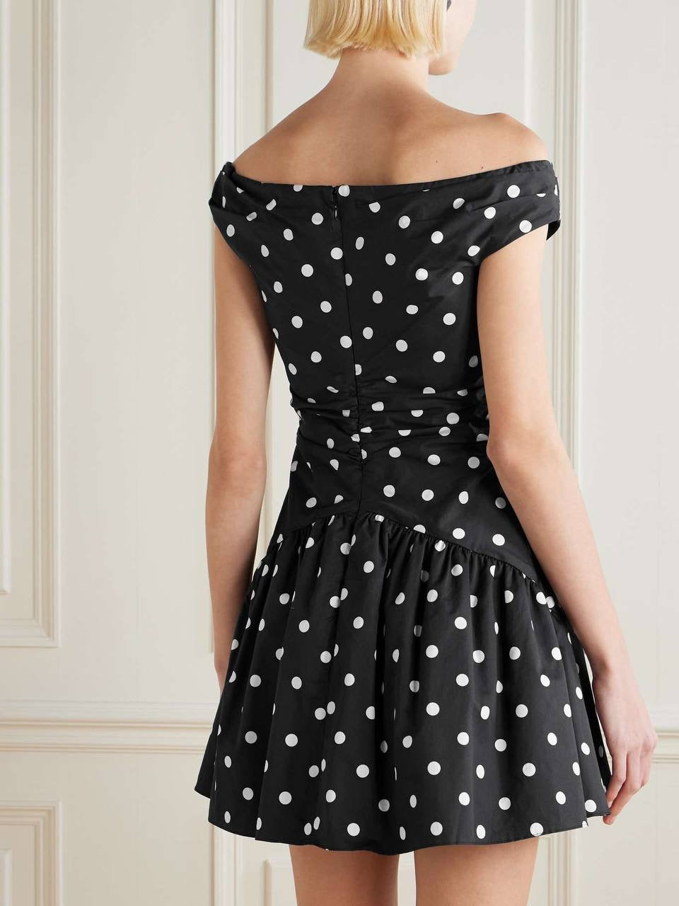SP Black Polka Dot V-Neck Off Shoulder Cotton-Blend Mini Dress