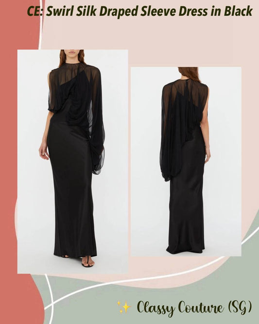 CE Swirl Black Silk Draped Sleeve Maxi Dress