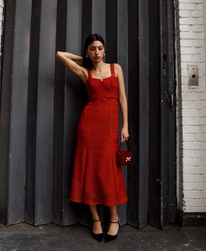 SP Red Lattice Bustier Lace Midi Dress