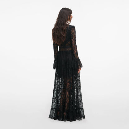 SP Black Lace Ruffle Sheer Maxi Dress