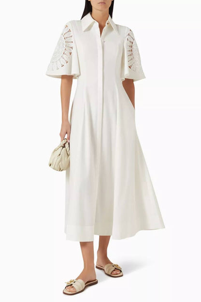 CLE Valentina Linen-cotton Lace-sleeve Midi Maxi Dress